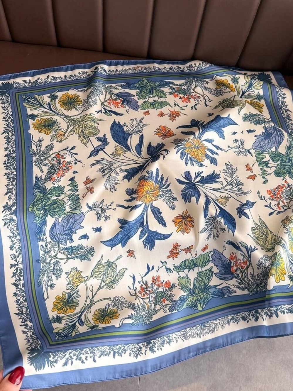 Floral Silk-Feel Scarf in Blue, Cream & Yellow